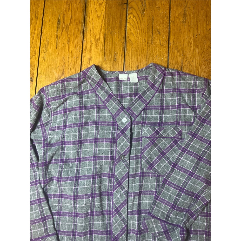 Cherokee Womens Purple Plaid Flannel Pajama Top Button Front Cotton Size M